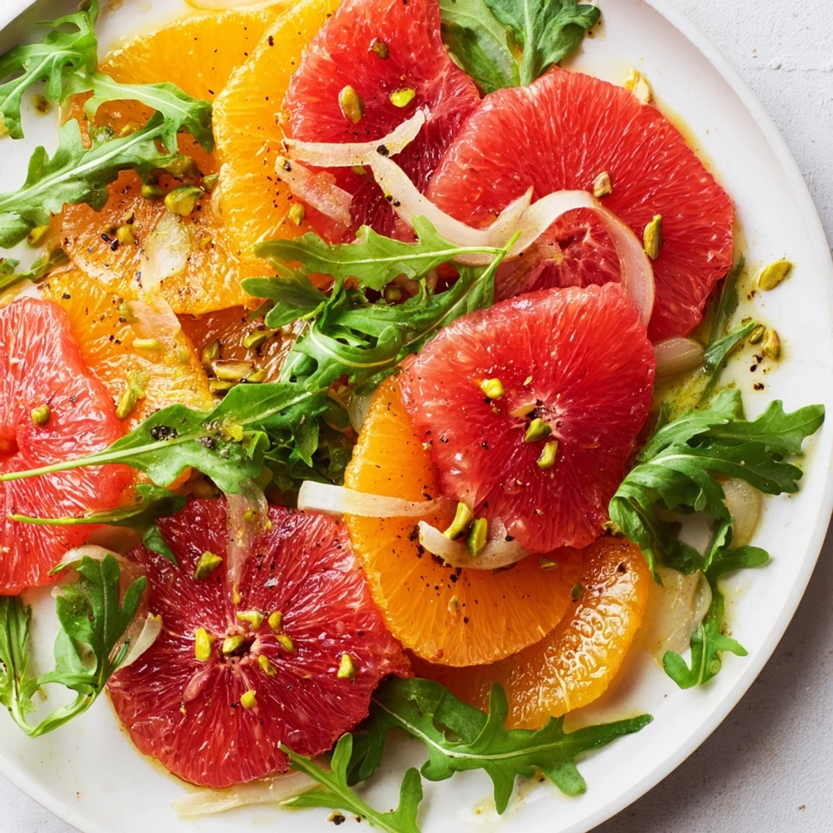A close-up of Winter Citrus Salad with Blood Orange and Fennel highlights juicy orange slices, peppery greens, and garnish, ideal for a refreshing healthy lunch.