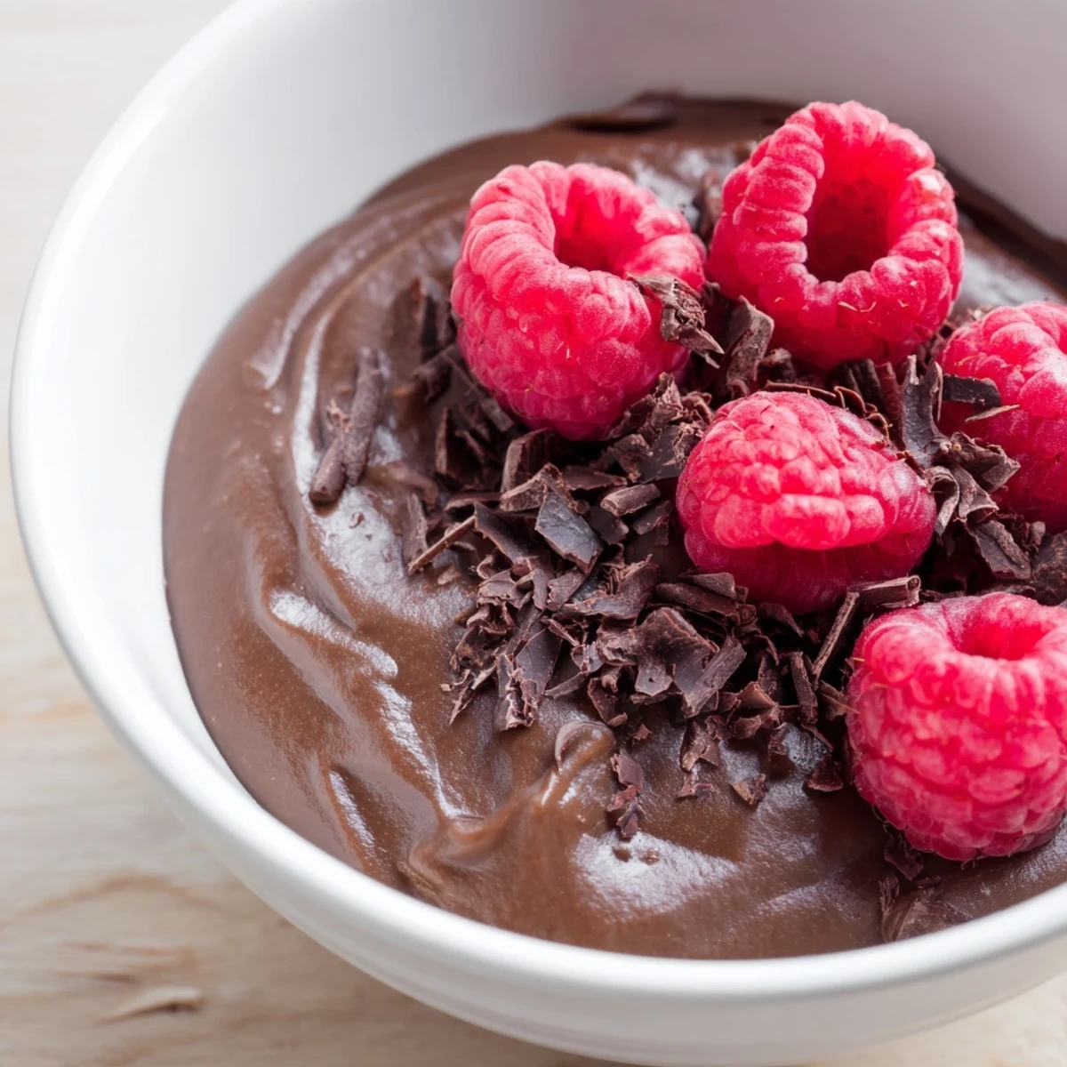 Indulgent Dark Chocolate Avocado Mousse with Raspberries garnished with mint, ready for a healthy vegan dessert serving.