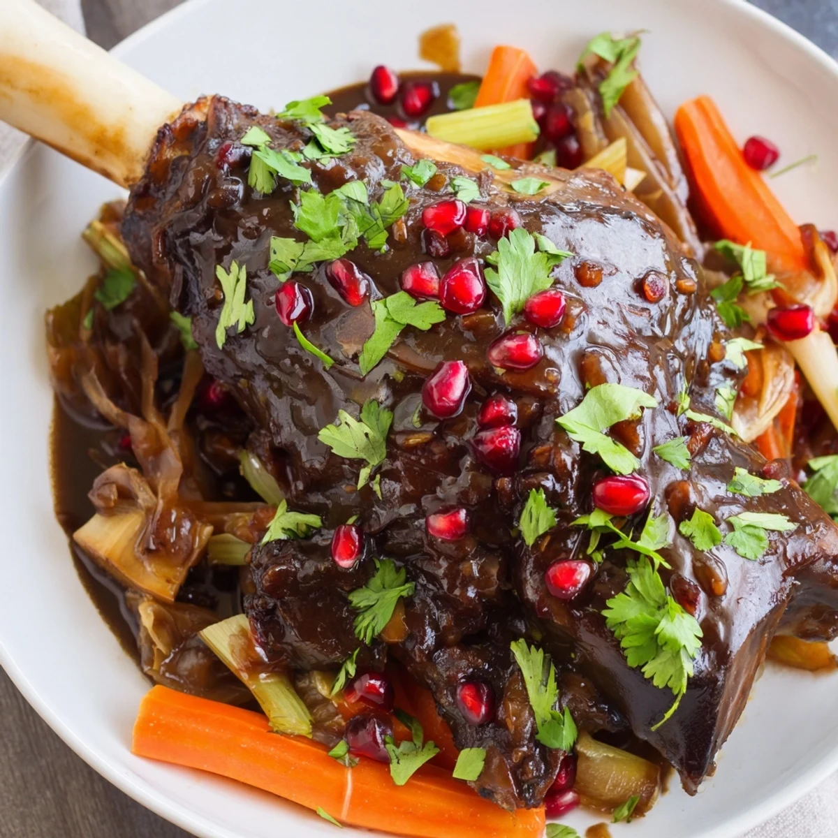 Close-up of Braised Lamb Shanks with Pomegranate Molasses, fork-tender meat shredded, aromatic spices visible, beside pomegranate arils and cilantro on a rustic plate.