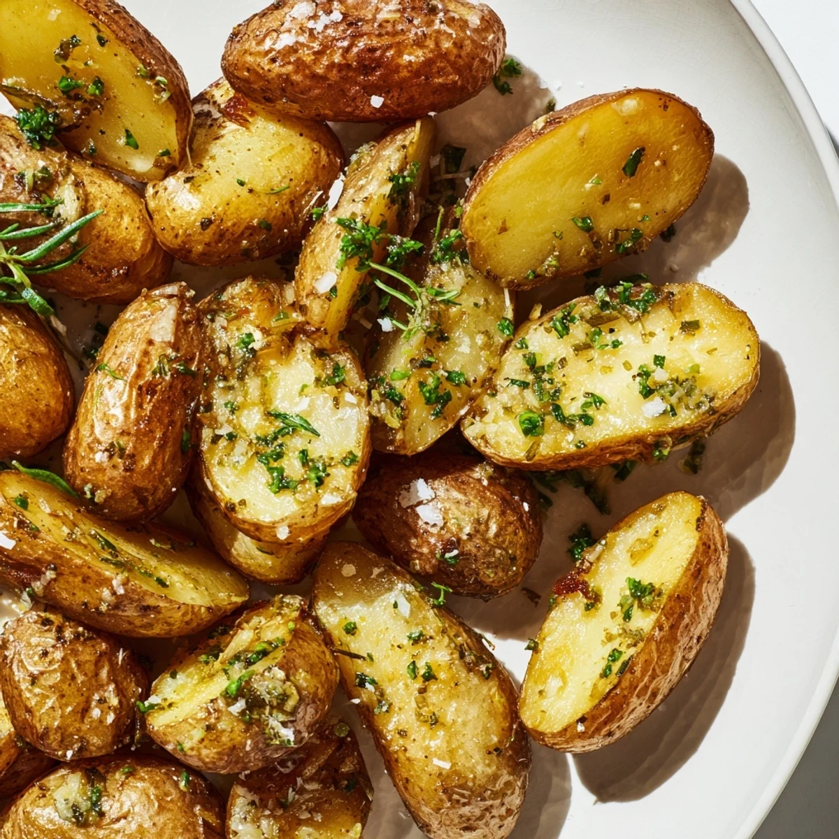Savory Garlic Herb Roasted Fingerling Potatoes with Rosemary tossed with minced garlic, thyme, and kosher salt for flavor.