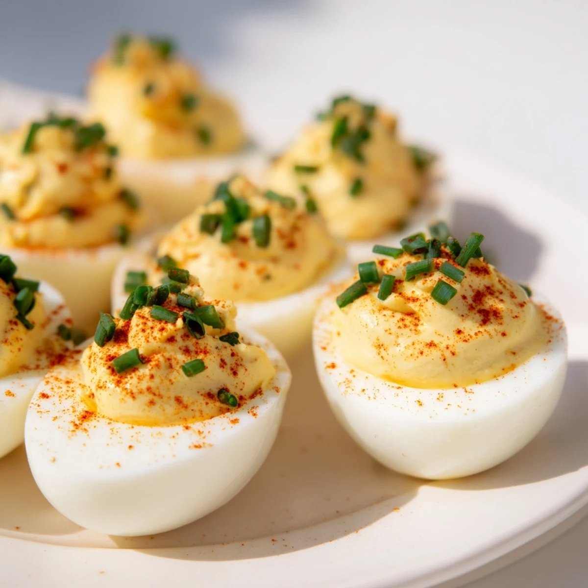 Freshly boiled egg halves filled with creamy deviled eggs with chives and smoked paprika, arranged on a white platter for a party.