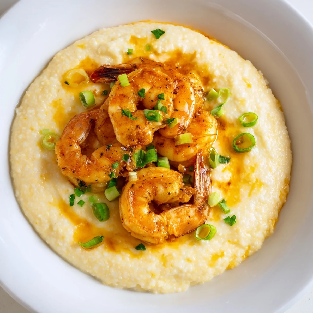 Succulent Cajun shrimp rest on a bed of golden cheddar grits, ready to be enjoyed with a drizzle of pan sauce.