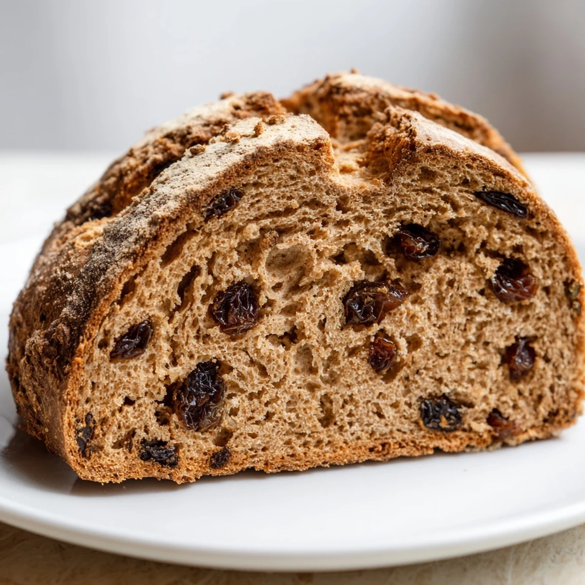 Rustic Whole Wheat Irish Soda Bread with Raisins cooling on a wire rack, cut to show the tender interior.
