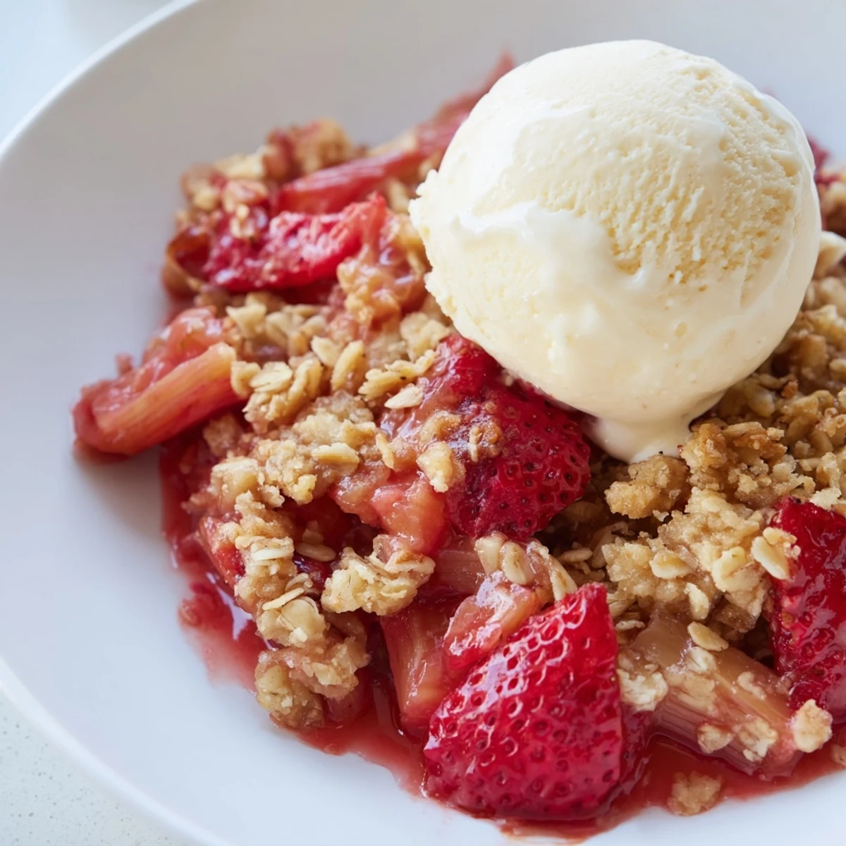 Fresh Strawberry Rhubarb Crisp with Oat Crumble bubbling from the oven in a baking dish, ready to serve warm.