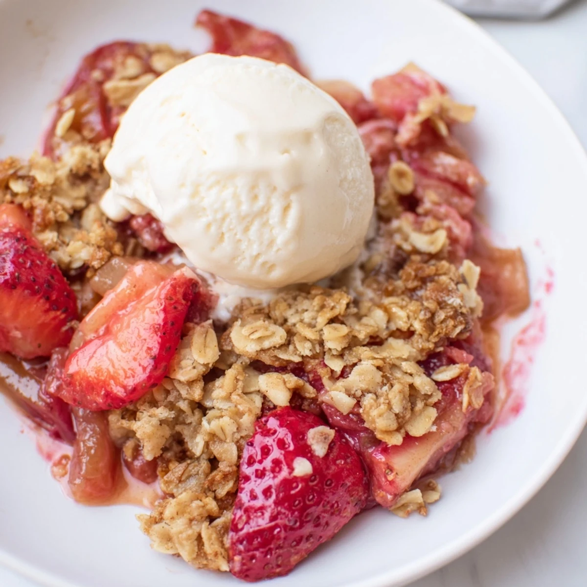 A close-up of Strawberry Rhubarb Crisp with Oat Crumble revealing juicy fruit filling and a crunchy oat topping.