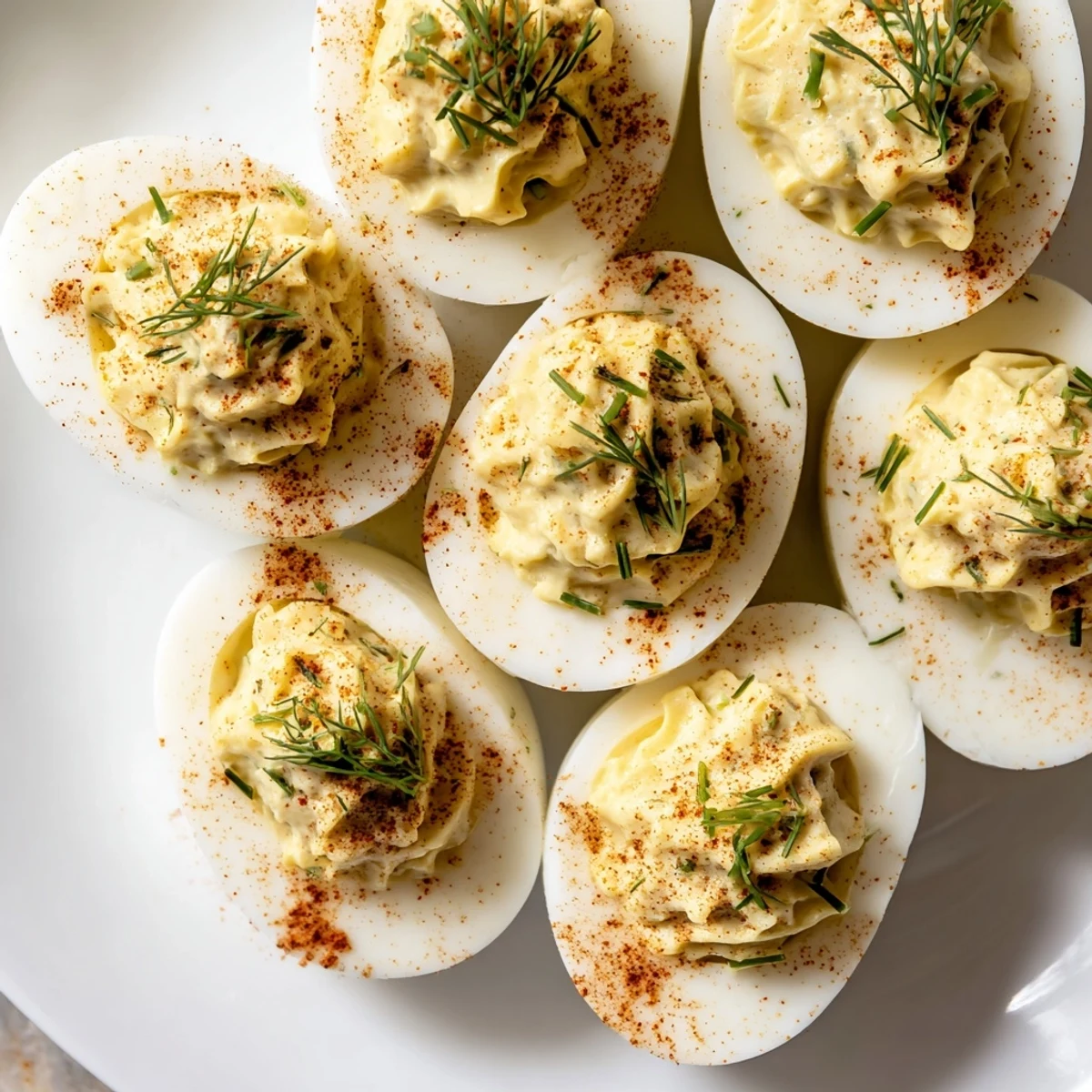 A close-up of halved eggs filled with creamy mixture and sprinkled with paprika garnish.