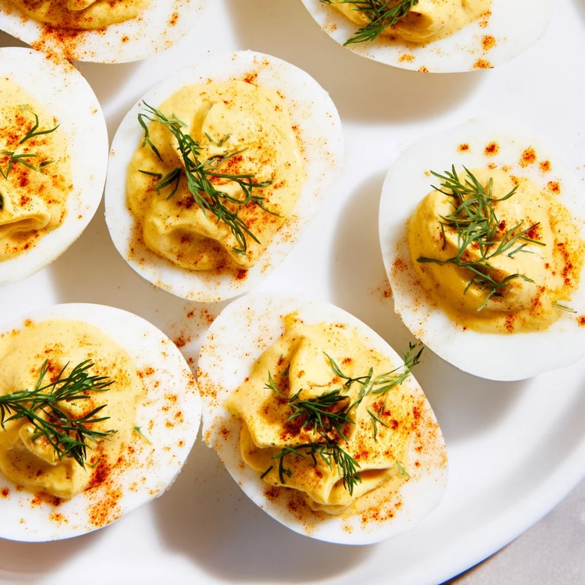 Deviled Eggs with Fresh Dill and Smoked Paprika served chilled on a rustic wooden table.