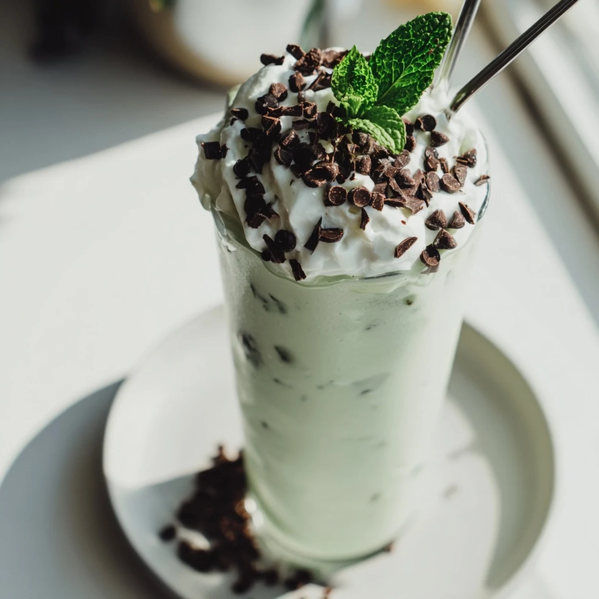 Two tall glasses of creamy Mint Chocolate Chip Milkshake with a straw, garnished with fresh mint leaves.