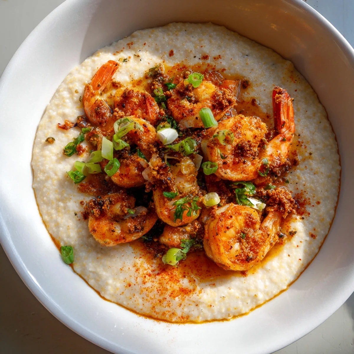 Cajun spiced shrimp and grits with cheddar in a white bowl, garnished with parsley and lemon.