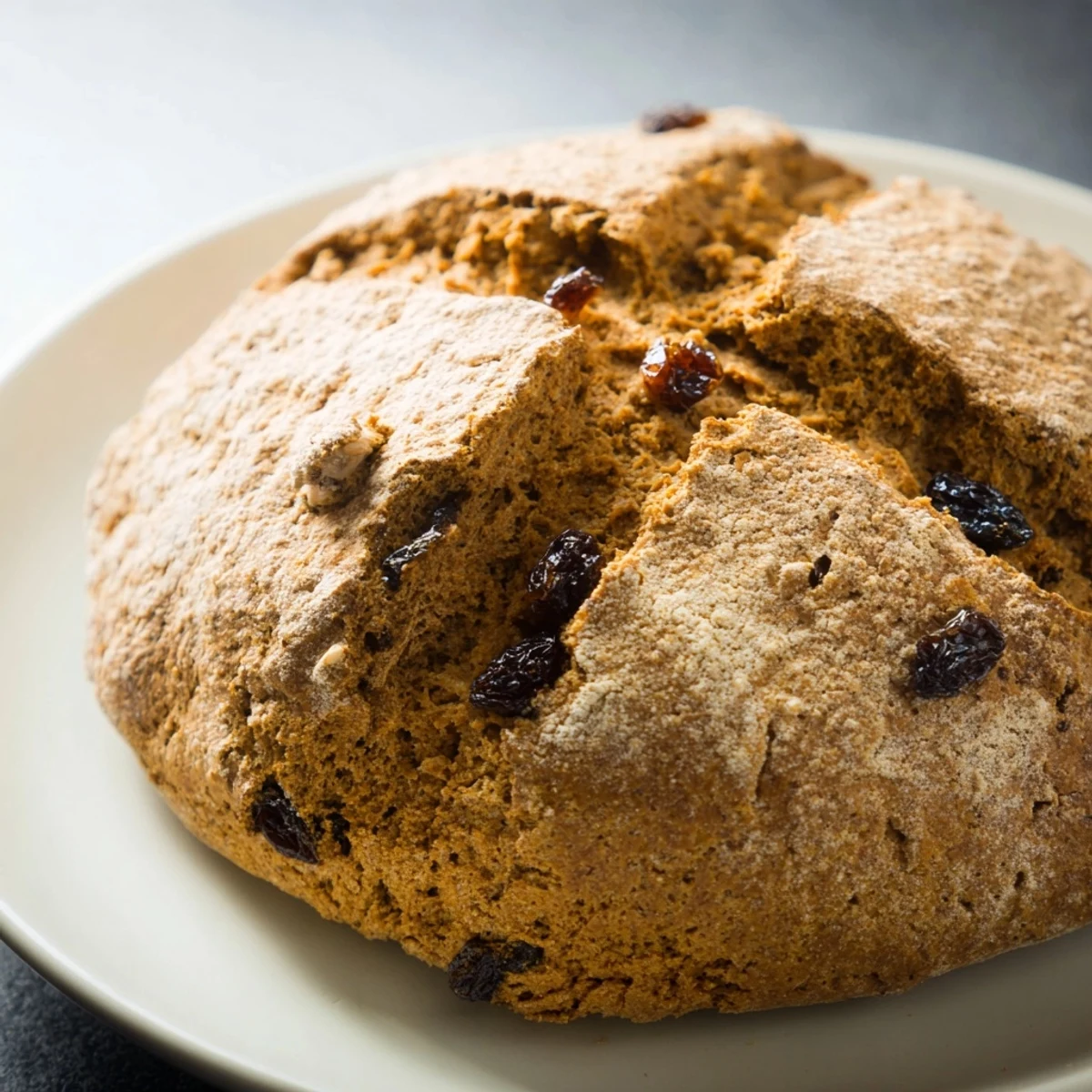 A warm slice of Whole Wheat Irish Soda Bread with Currants beside a steaming cup of tea.