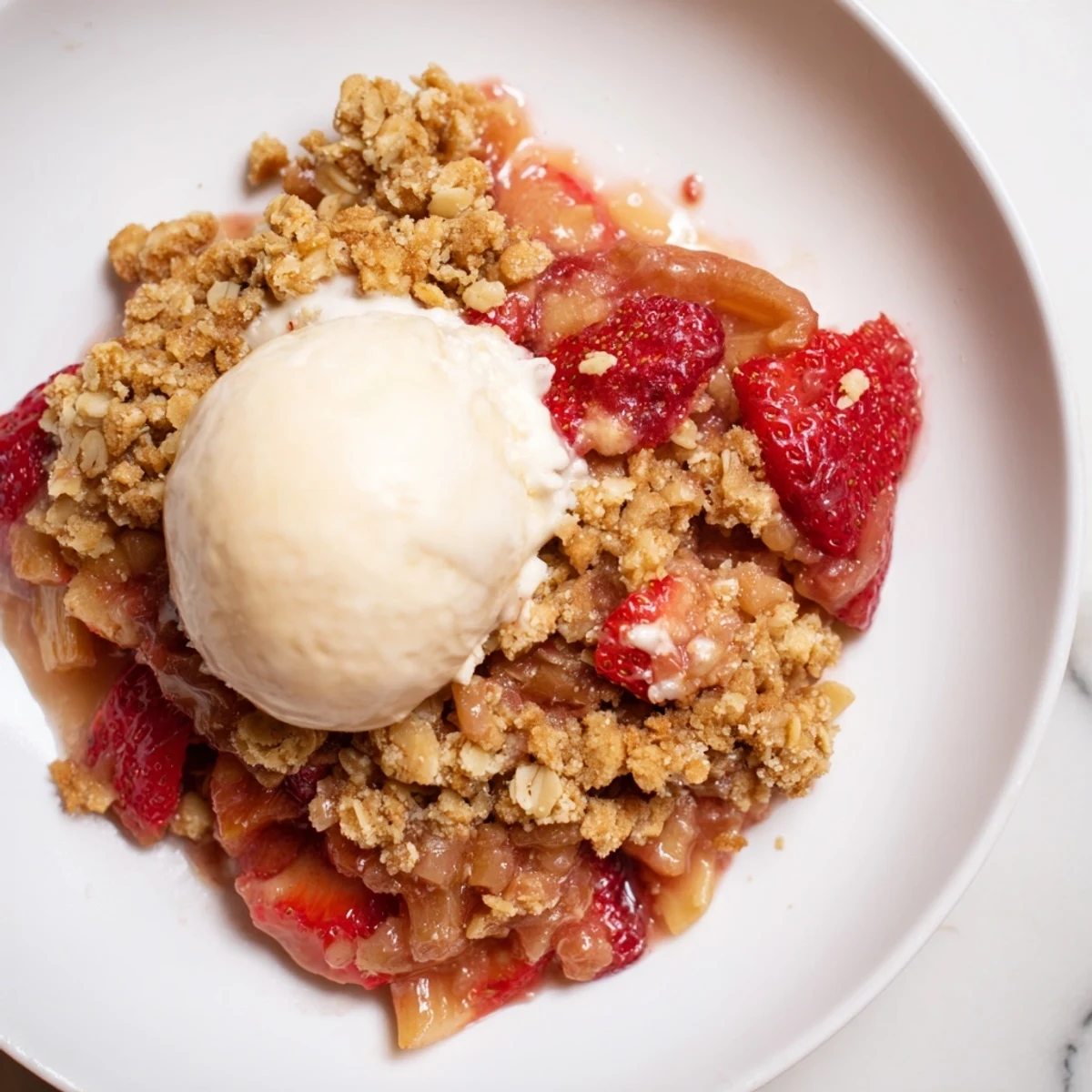 A rustic baking dish holds Strawberry Rhubarb Crumble with Vanilla Ice Cream, showcasing the tangy strawberries and tart rhubarb filling.