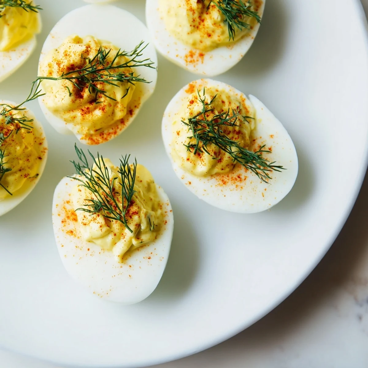 Halved eggs filled with creamy yolk mixture, showcasing the vibrant garnish of fresh dill and smoked paprika.  