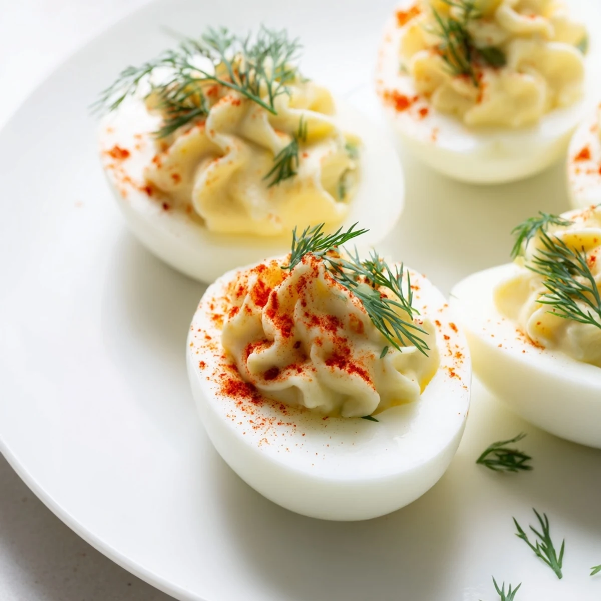 Close-up of a deviled egg with fresh dill and smoked paprika, highlighting the smooth texture and colorful finish.