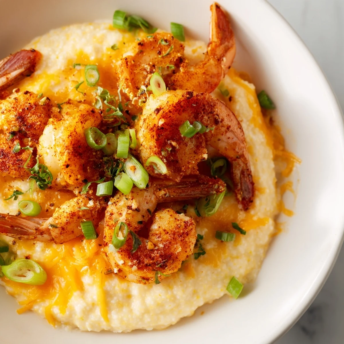 Golden pan-seared shrimp with Cajun spices nestled over creamy cheddar grits, garnished with fresh parsley.