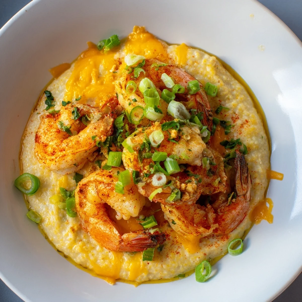 A close-up of Cajun Spiced Shrimp and Grits with Cheddar, topped with green onions and melted cheese.