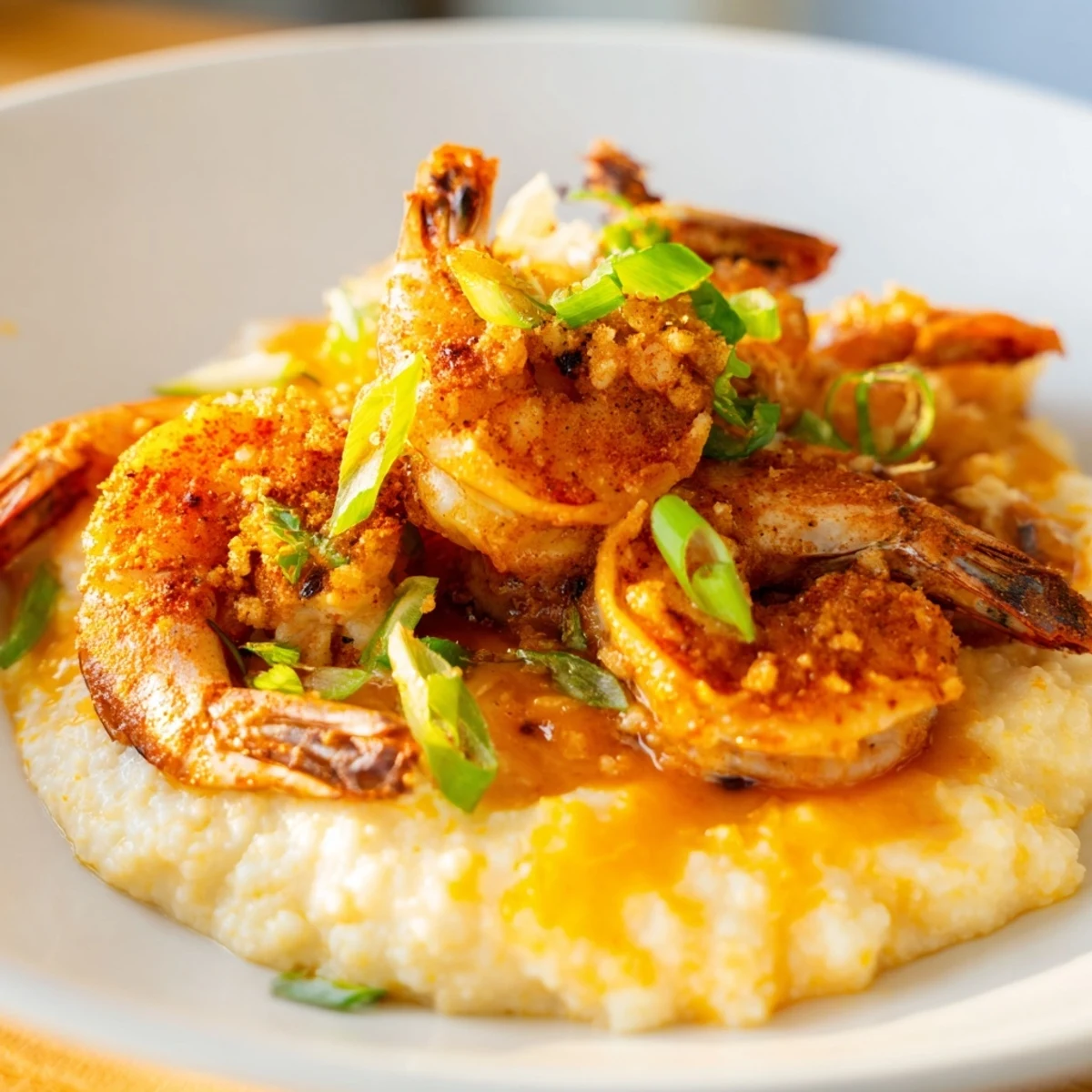 Hearty bowl of Cajun Spiced Shrimp and Grits with Cheddar featuring tender shrimp and smooth Southern grits.
