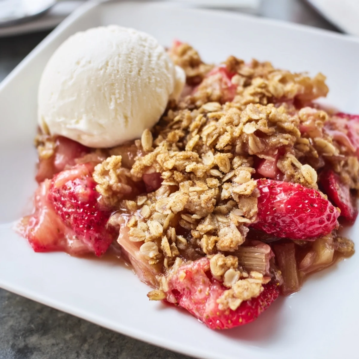 Freshly baked Strawberry Rhubarb Crisp with a golden oat crumble topping steaming in a dish.