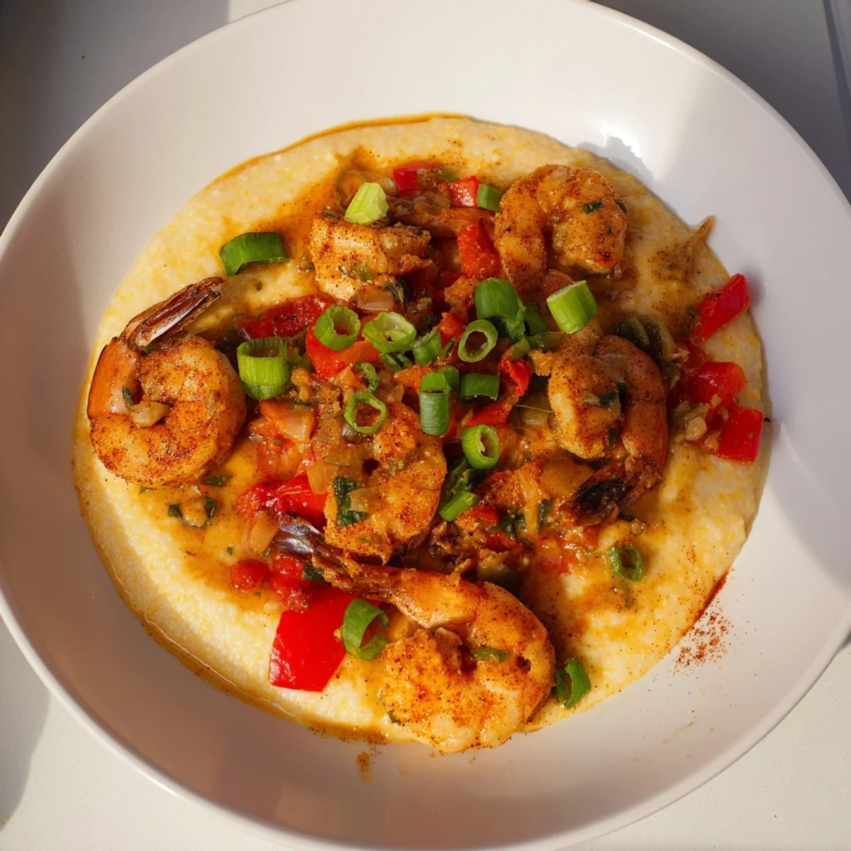 A close-up of Cajun Shrimp and Grits with Sharp Cheddar, featuring plump pink shrimp in a creamy, rich sauce served over a mound of cheesy grits.