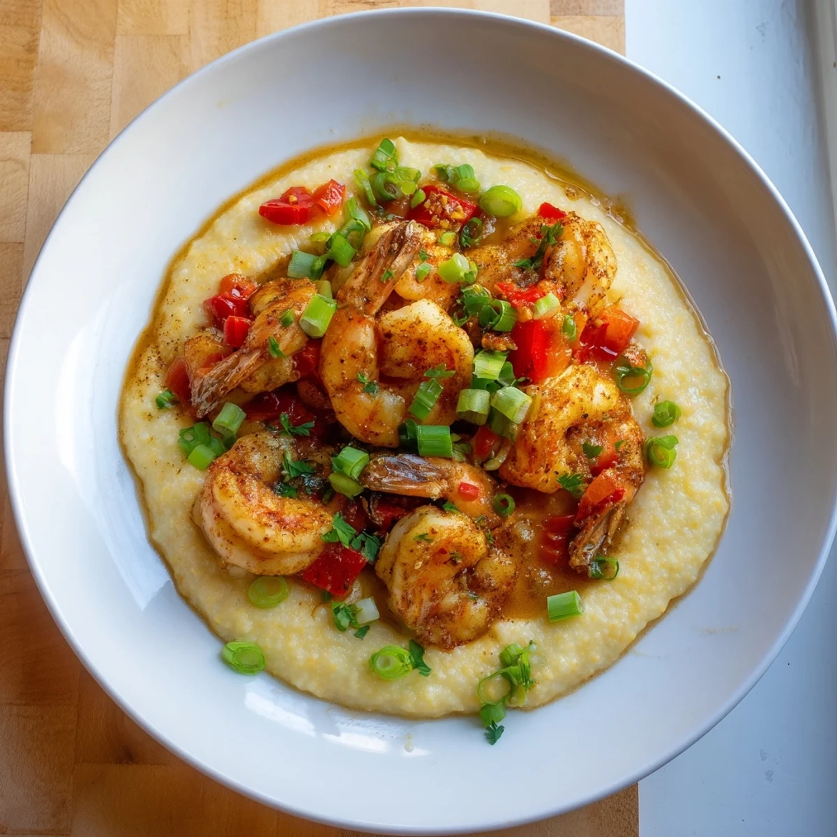 Appetizing side-angle photo of a hearty Southern Cajun Shrimp and Grits with Sharp Cheddar dinner, showcasing the texture of the shrimp and smooth grits.