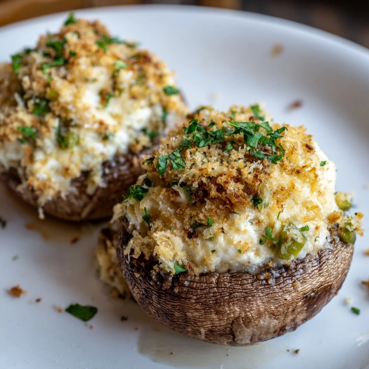 Golden-baked mozzarella popper stuffed mushrooms with melted cheddar, spicy jalapeños, and a crispy breadcrumb topping served hot.