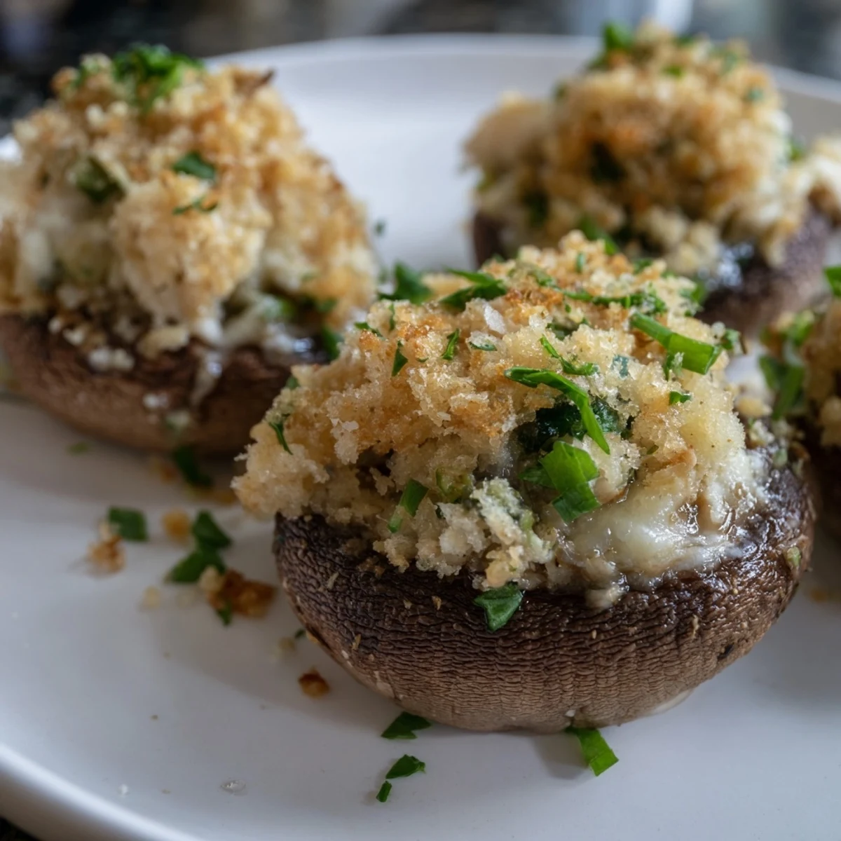 Tender mushroom caps filled with creamy mozzarella popper stuffed mushrooms, garnished with fresh parsley and ready to serve.