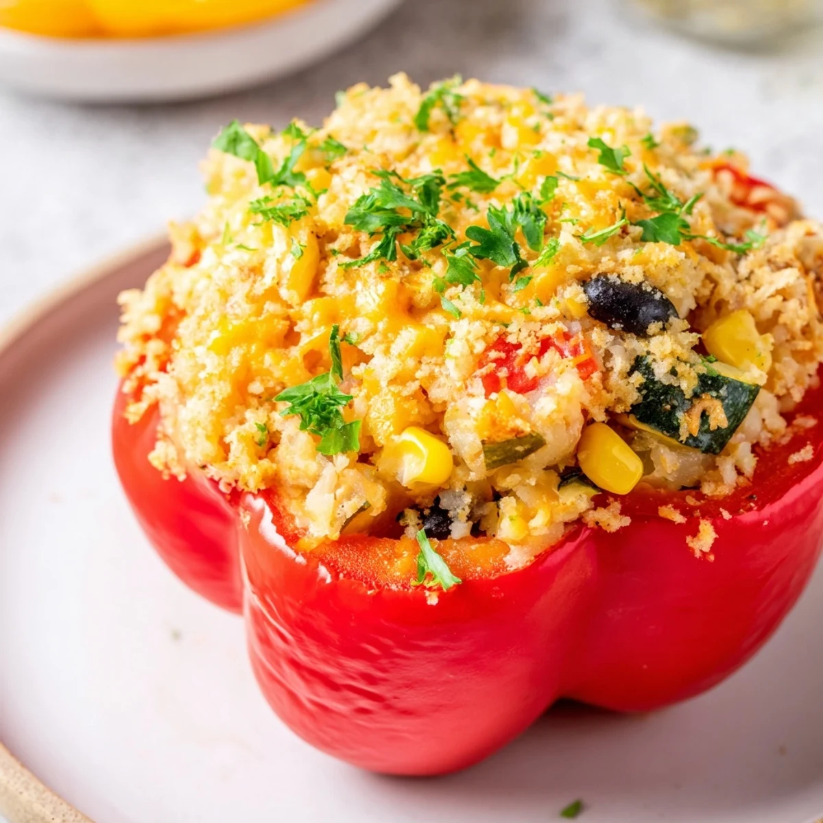 Cajun Potato Stuffed Bell Peppers roasted to tender perfection with zesty spices, served hot with a garnish of fresh parsley.