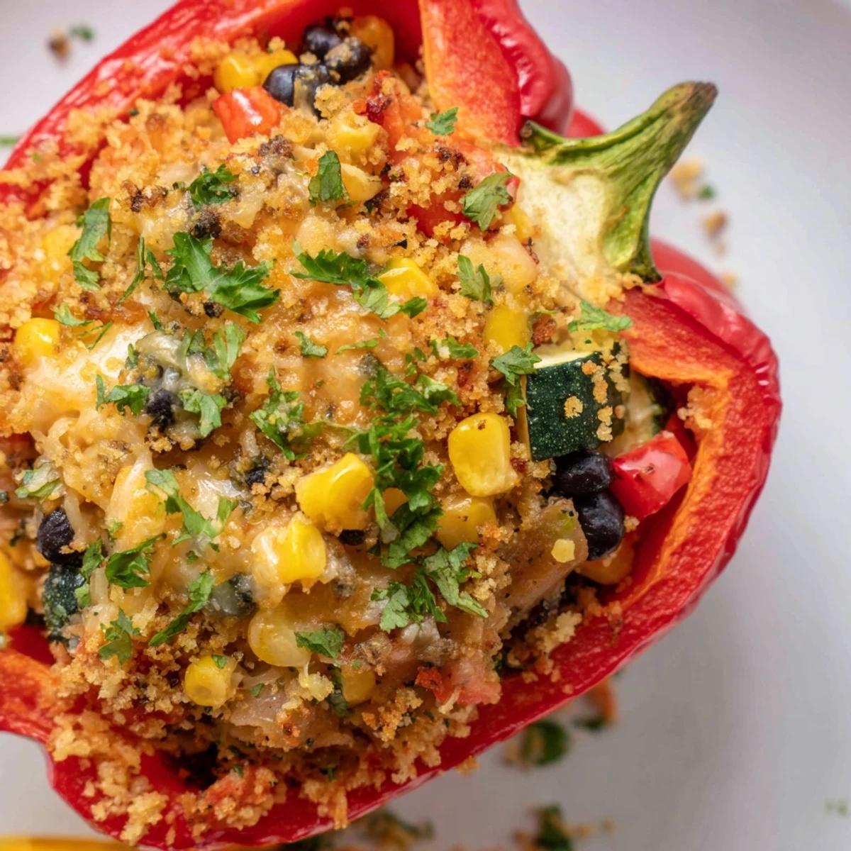 Golden-brown Cajun Potato Stuffed Bell Peppers sit in a baking dish, revealing a hearty potato, corn, and black bean filling.