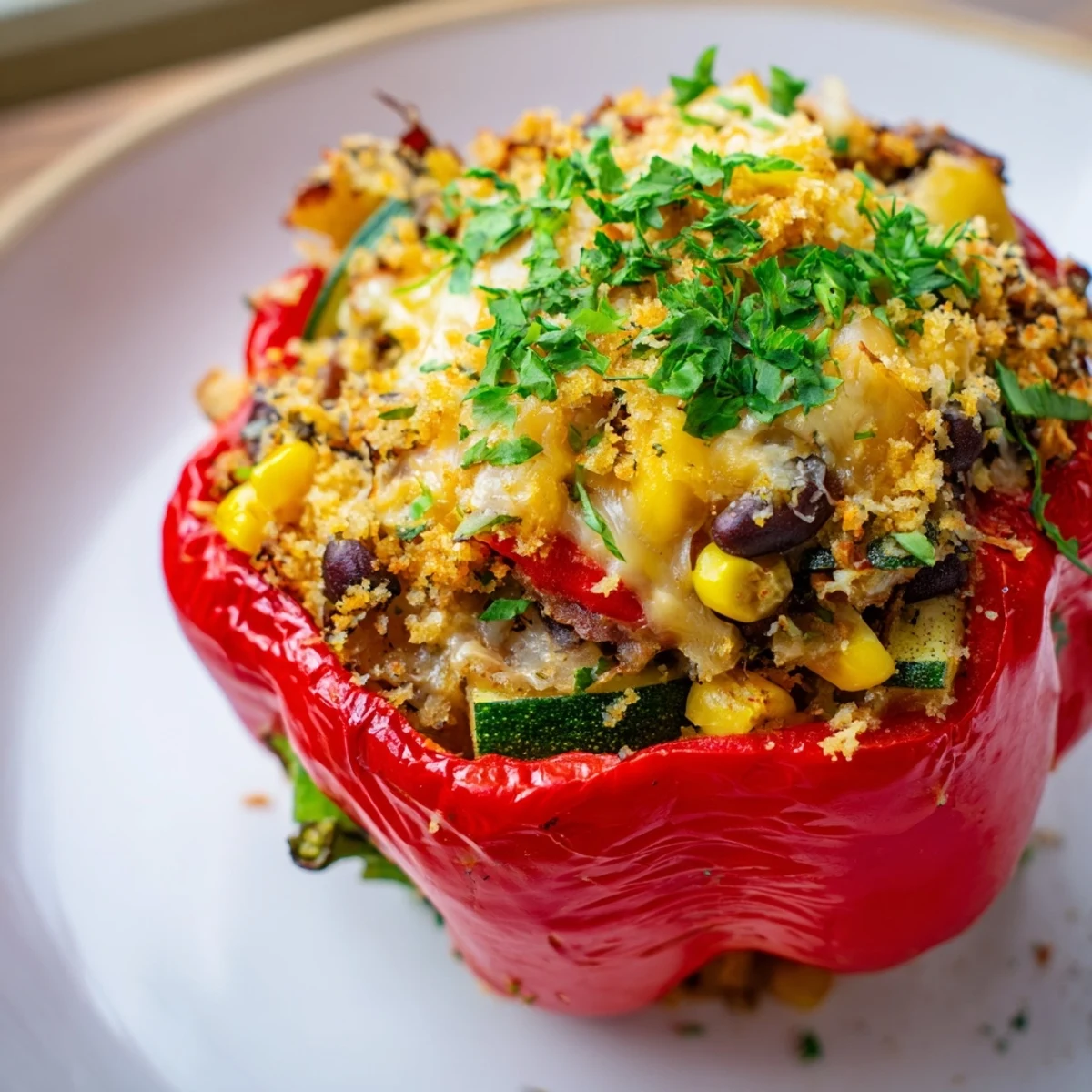 Close-up of Cajun Potato Stuffed Bell Peppers showcasing the colorful bell pepper and the chunky, spiced potato filling inside.