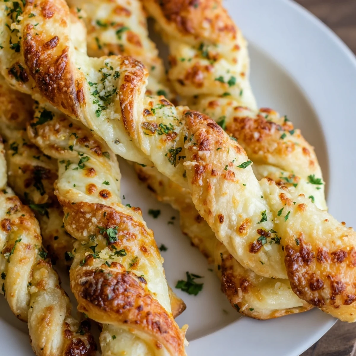 Golden, cheesy Crispy Air Fryer Pizza Cheese Bread Twists on a white plate with marinara dip.