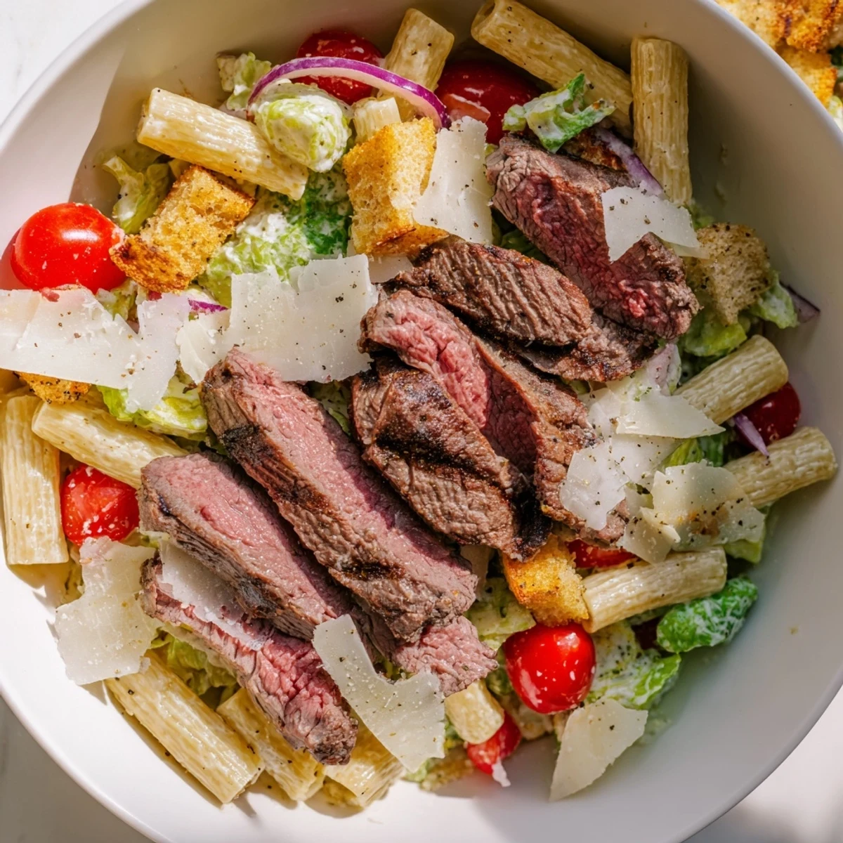 A hearty Flavorful Steak Caesar Pasta Salad with grilled steak slices, crisp romaine, and creamy dressing.
