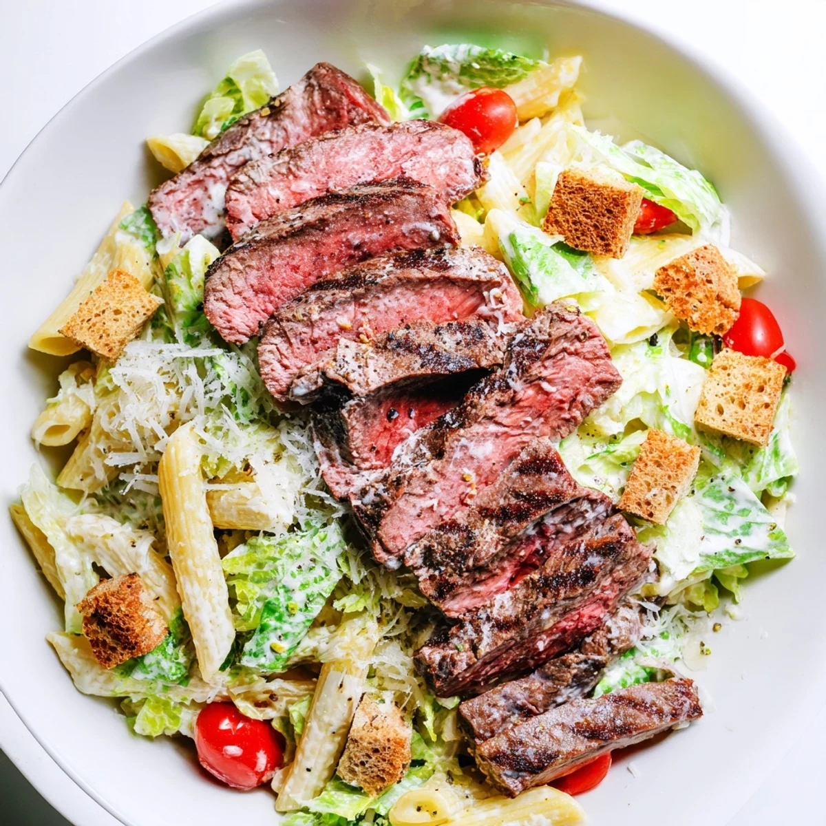 Sliced sirloin tops a colorful Flavorful Steak Caesar Pasta Salad with cherry tomatoes and croutons.