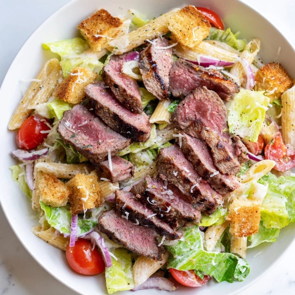 For dinner, serve Flavorful Steak Caesar Pasta Salad chilled with shaved Parmesan and a bright lemony Caesar dressing.