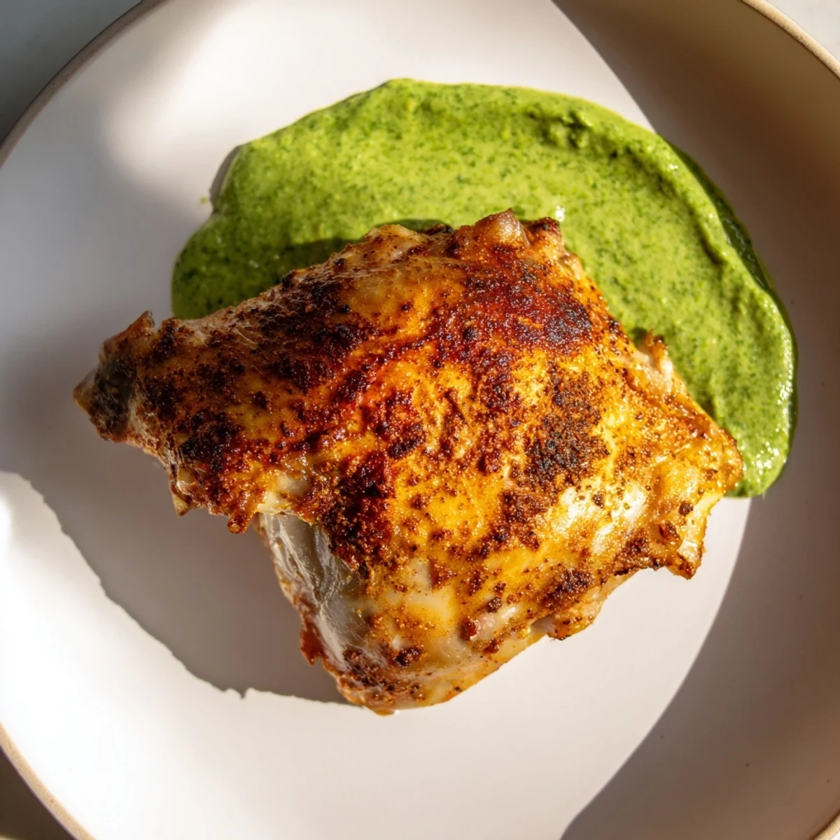 Freshly roasted Peruvian chicken rests with crispy golden skin, served alongside a vibrant green cilantro sauce in a rustic dish.