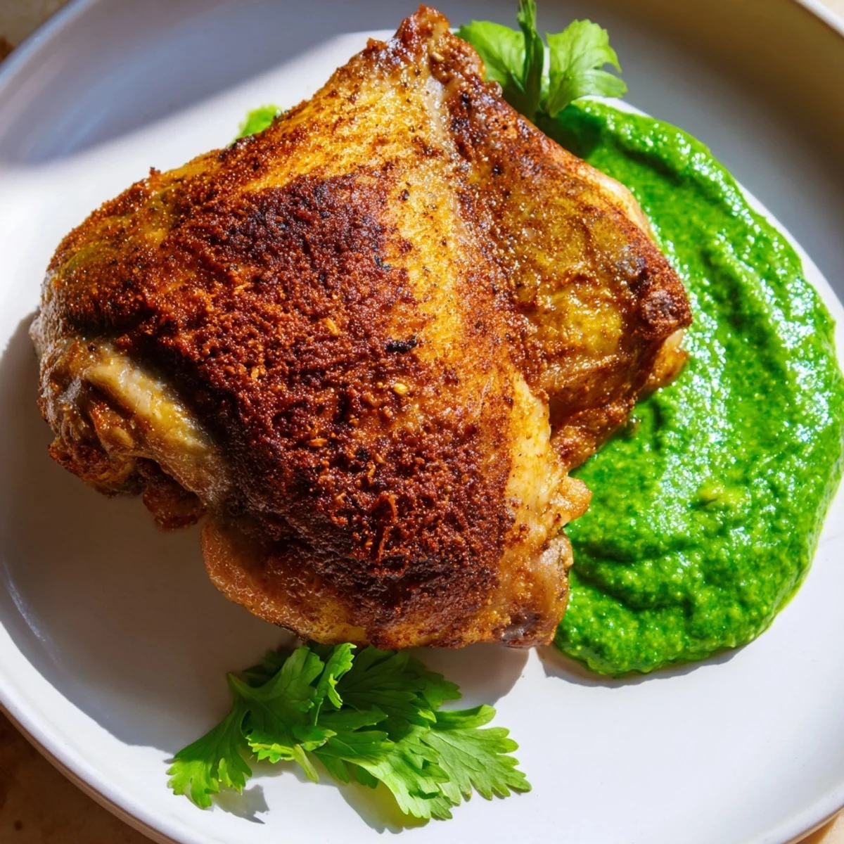 Peruvian Roast Chicken with Creamy Green Sauce highlights succulent spiced meat carved and ready to serve with creamy herby sauce.