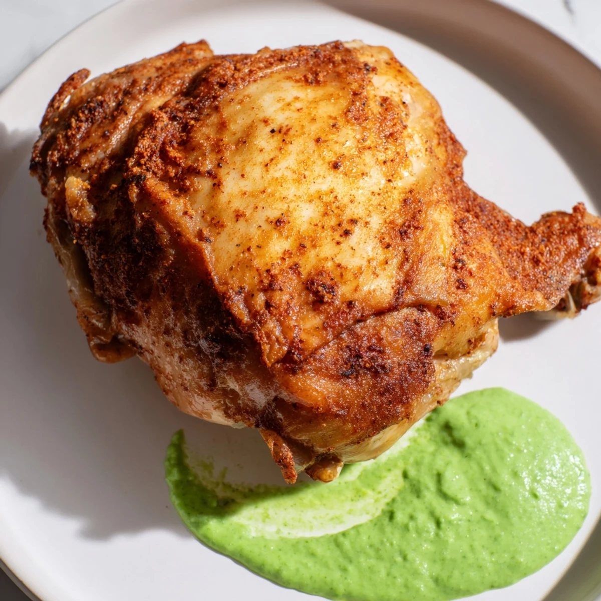 Juicy Peruvian Roast Chicken with Creamy Green Sauce pairs perfectly with roasted potatoes and a zesty cilantro jalapeño sauce.