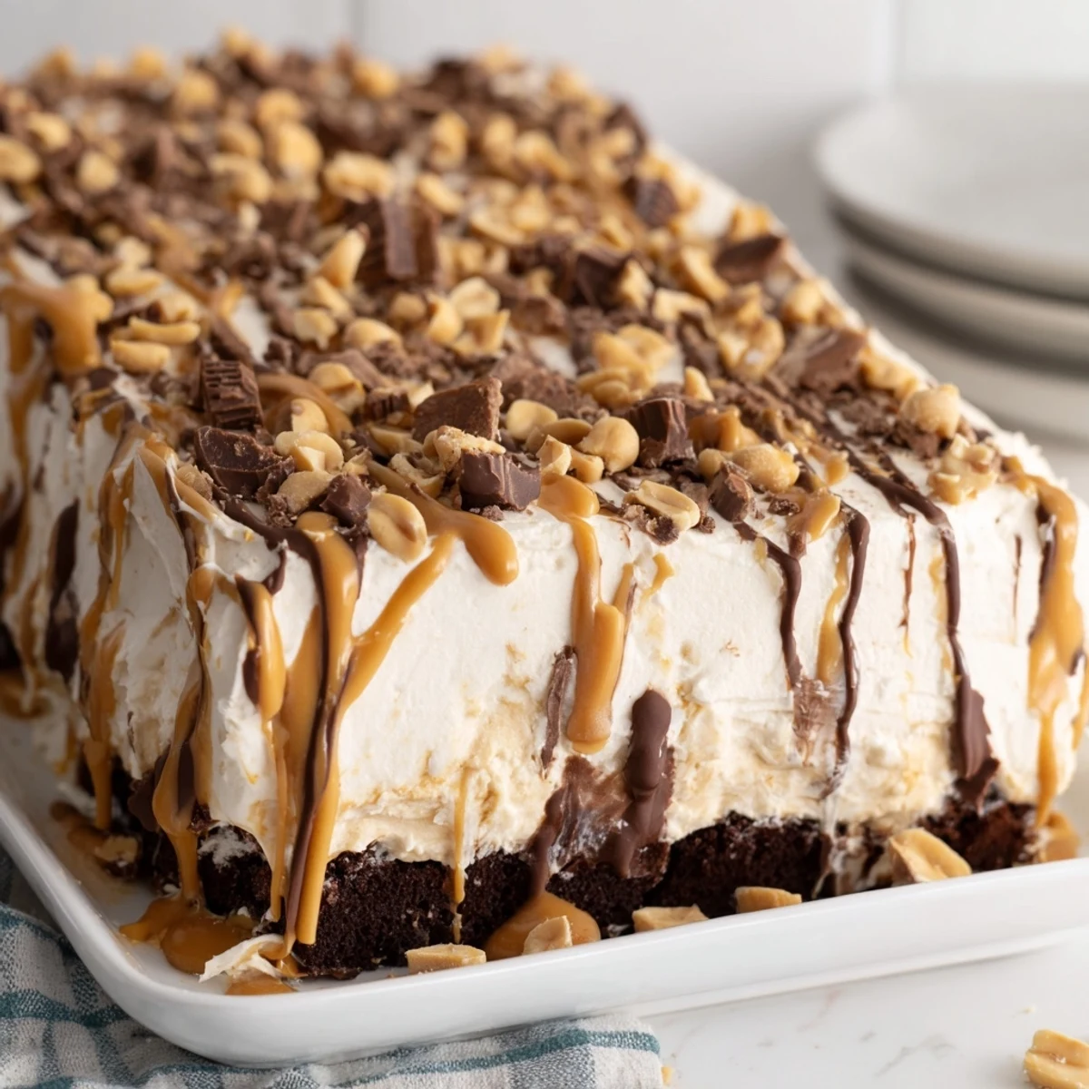 A plated slice of Chocolate Peanut Butter Poke Cake shows smooth peanut butter pudding oozing from holes, topped with fluffy cream.
