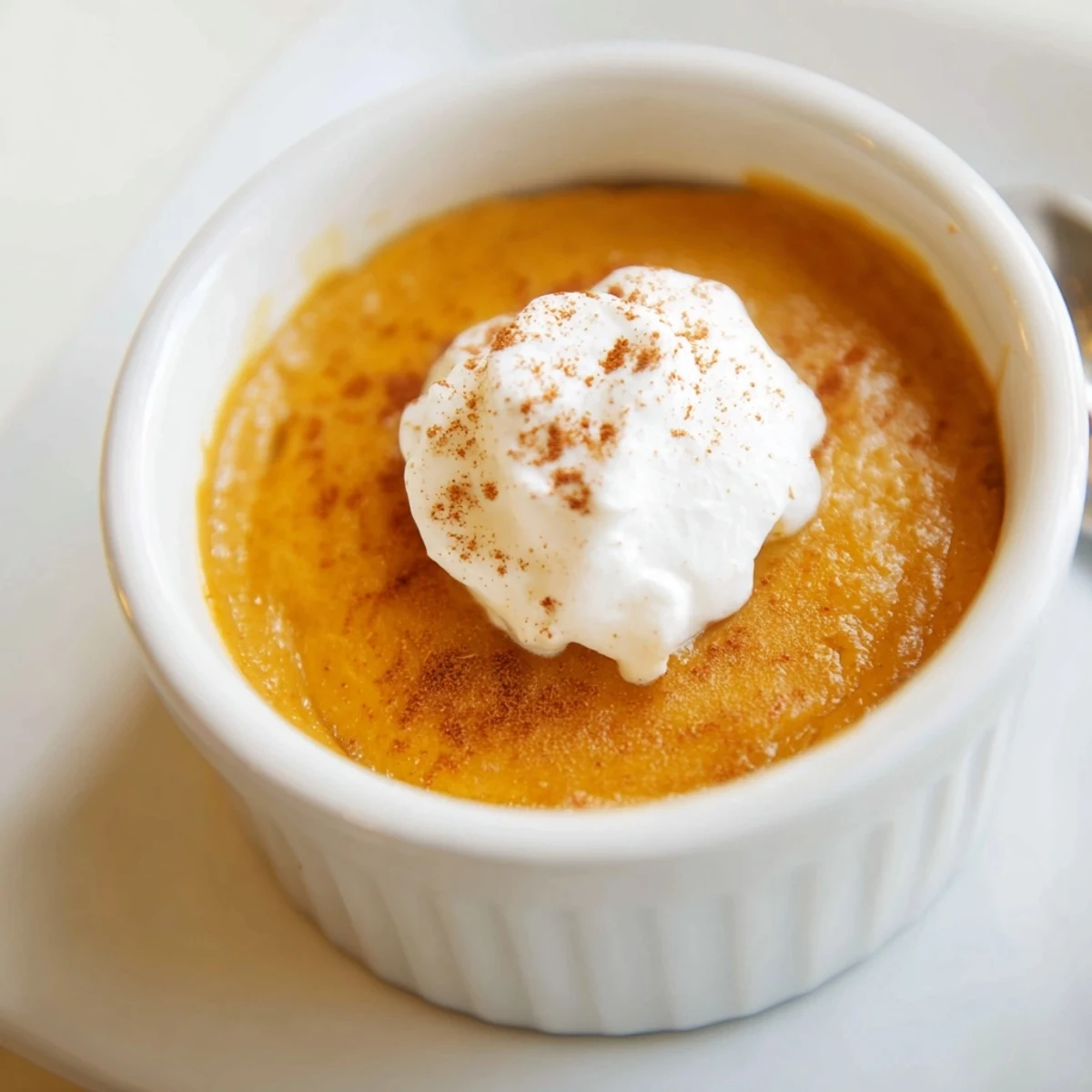 A close-up of Effortless Baked Pumpkin Pudding with a creamy custard texture and a dusting of pumpkin spice.