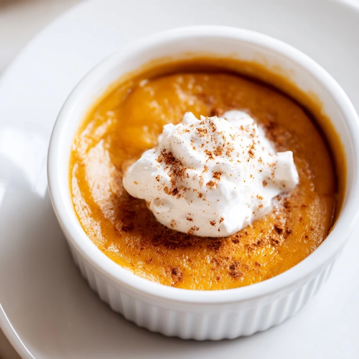 Effortless Baked Pumpkin Pudding served warm in a ramekin topped with whipped cream and a cinnamon stick.