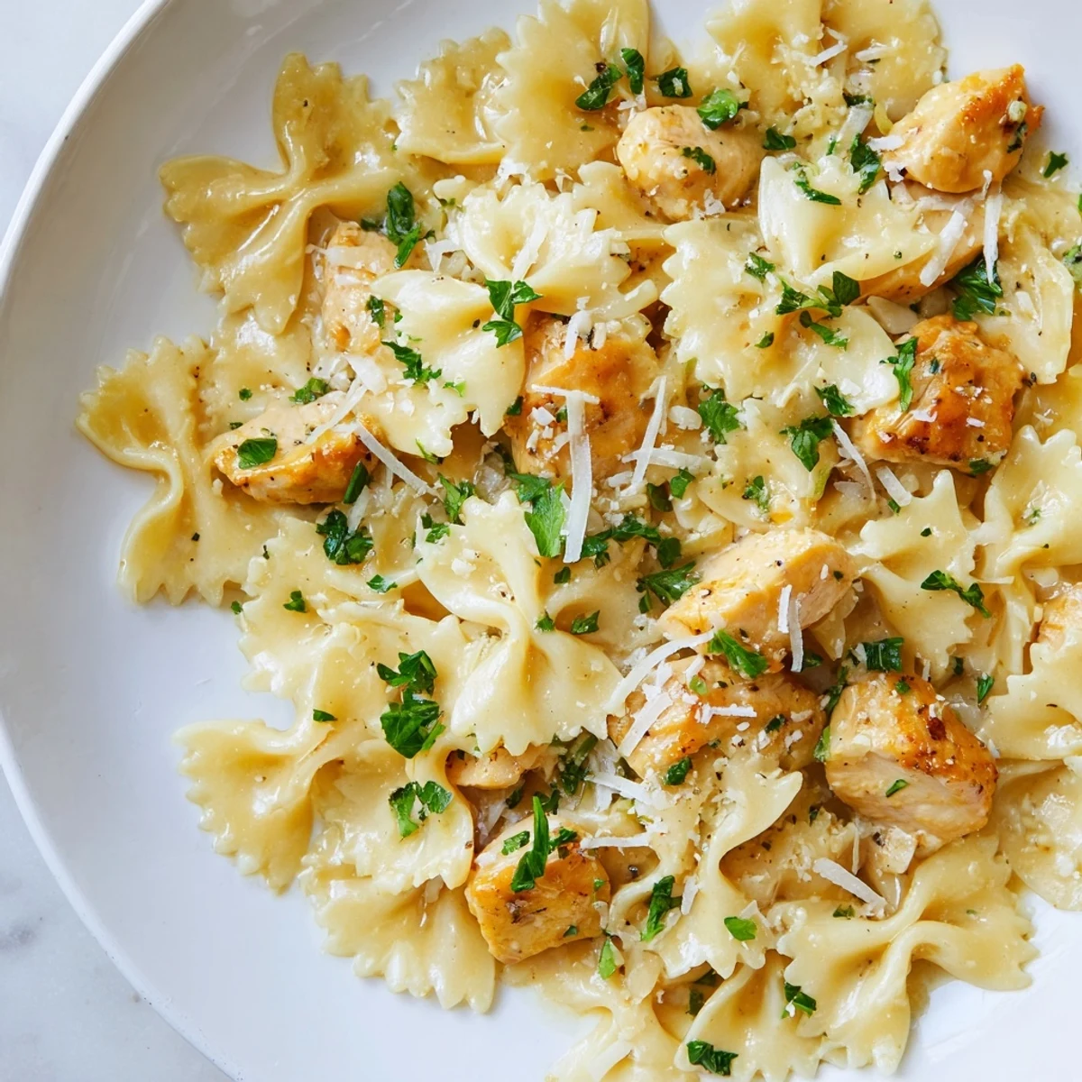 Golden chicken pieces and bowtie pasta coated in a rich, creamy garlic butter mozzarella sauce, garnished with fresh parsley.
