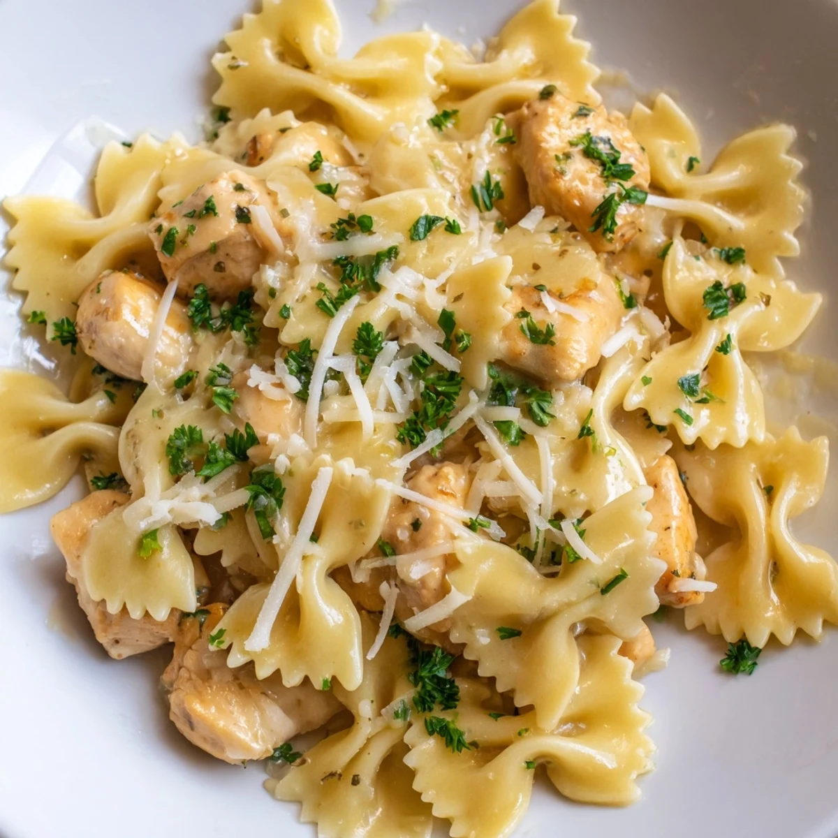 A comforting Italian-American pasta dinner featuring tender chicken and cheesy bowties in a velvety garlic parmesan cream sauce.