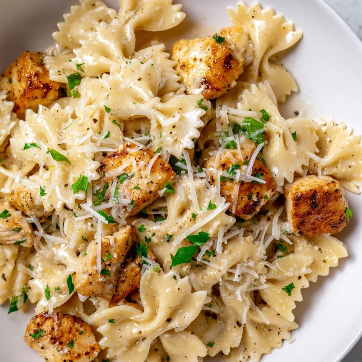 Close-up of a skillet serving of Mozzarella Garlic Butter Chicken Bowties in Cheesy Cream, paired with a crisp green salad.