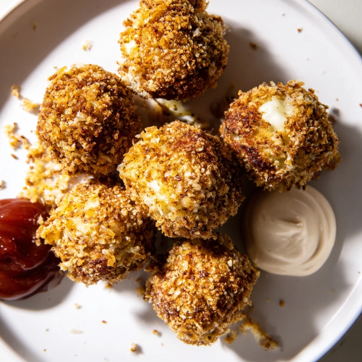 A close-up of crispy Reuben Balls with Spicy Thousand Island dip highlights the crunchy panko crust and melted Swiss cheese.