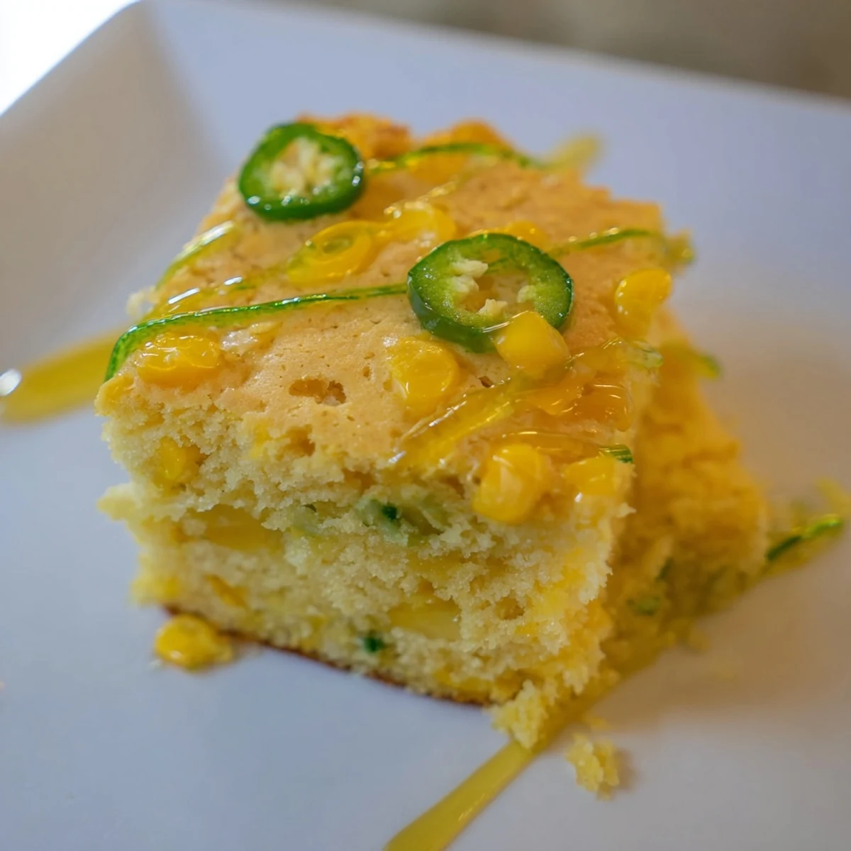 A slice of moist Spicy Sweet Jalapeño Cornbread with Zesty Lime Drizzle on a white plate, drizzled with glossy glaze.