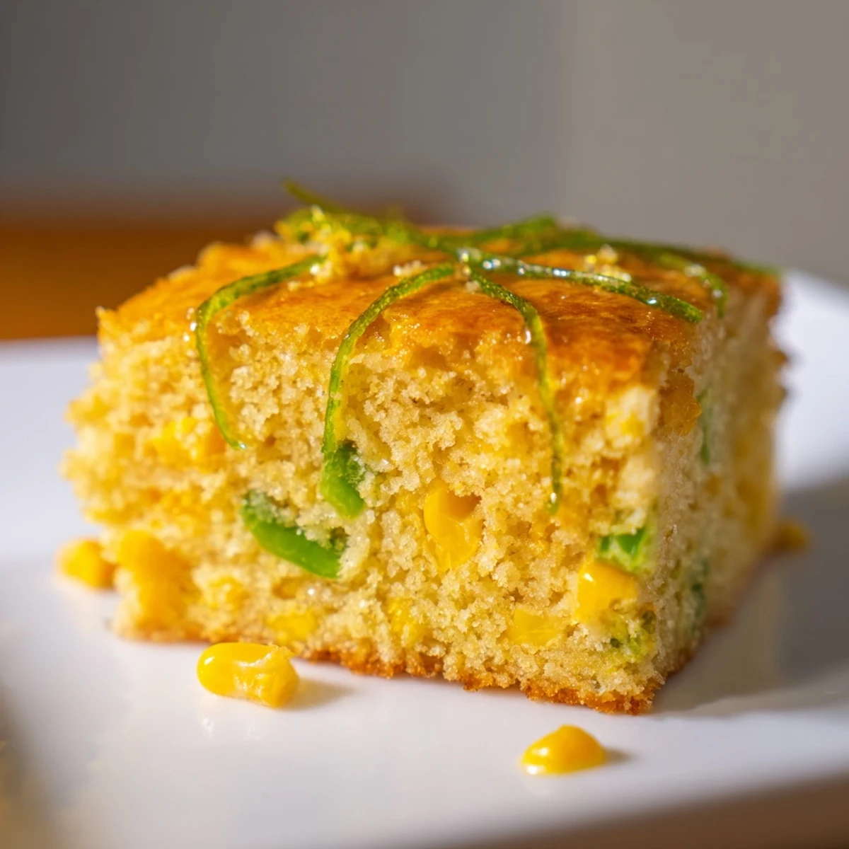 Fresh-baked golden Spicy Sweet Jalapeño Cornbread with Zesty Lime Drizzle beside lime wedges on a rustic wooden board.