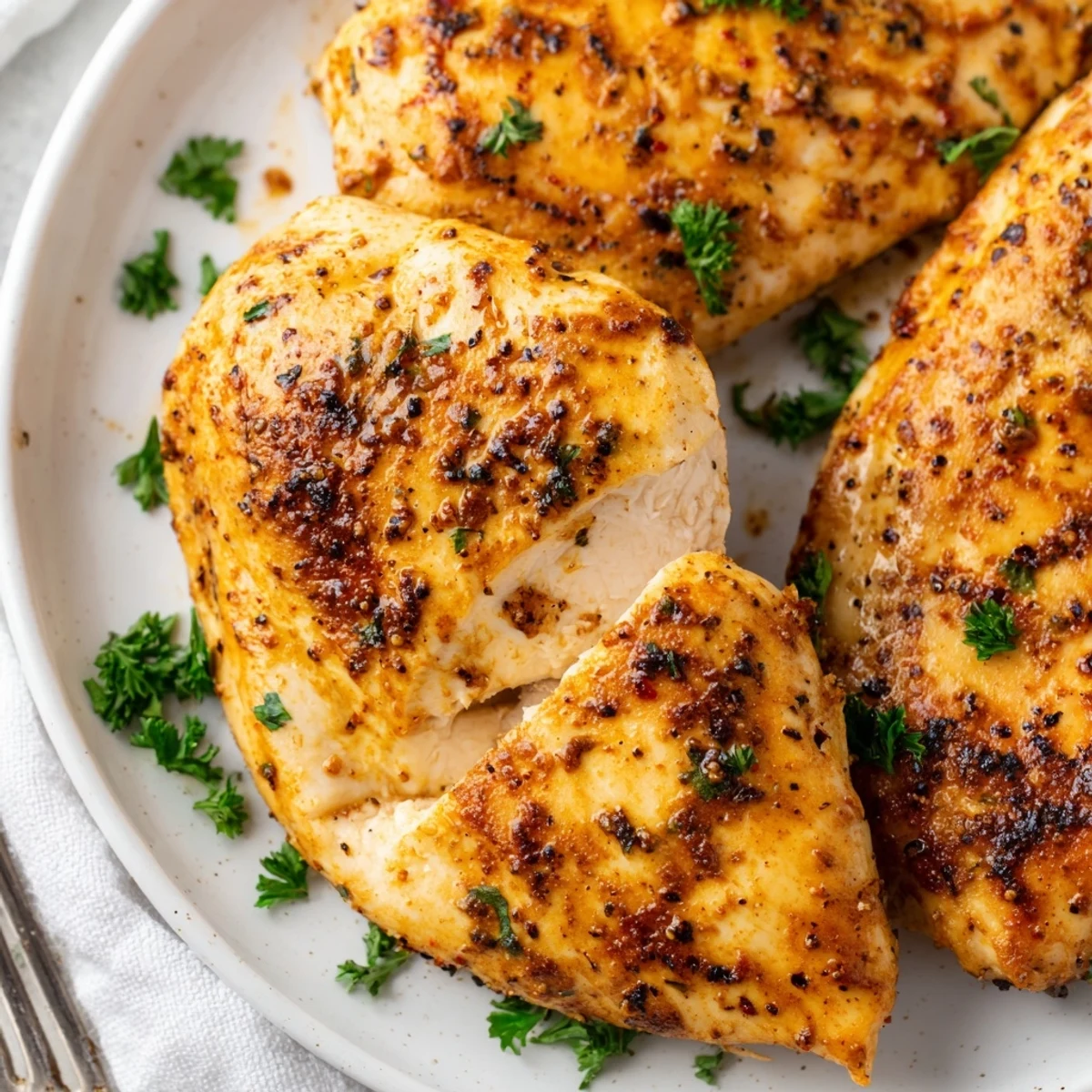 A close-up of tender Oven Baked Chicken Breasts on a plate, seasoned with smoked paprika and herbs, ready to slice.