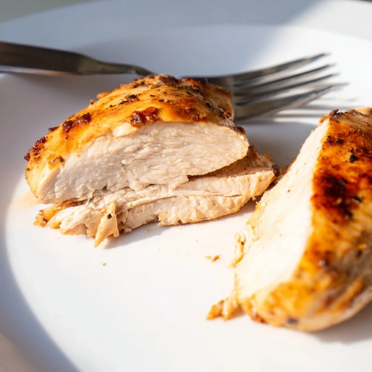 Oven Baked Chicken Breasts served on a white plate with roasted vegetables, showcasing juicy, perfectly cooked chicken for a family dinner.