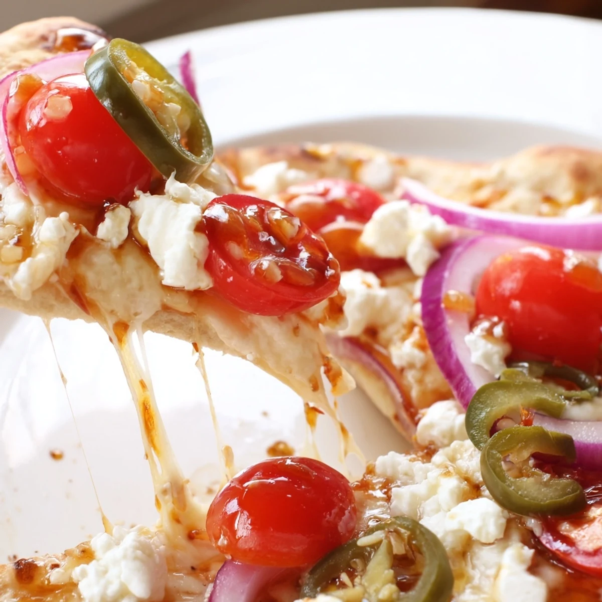Freshly baked Sweet Heat Honey Garlic Flatbread Pizza with melted mozzarella, sliced jalapeños, and drizzled honey on a rustic wooden board.