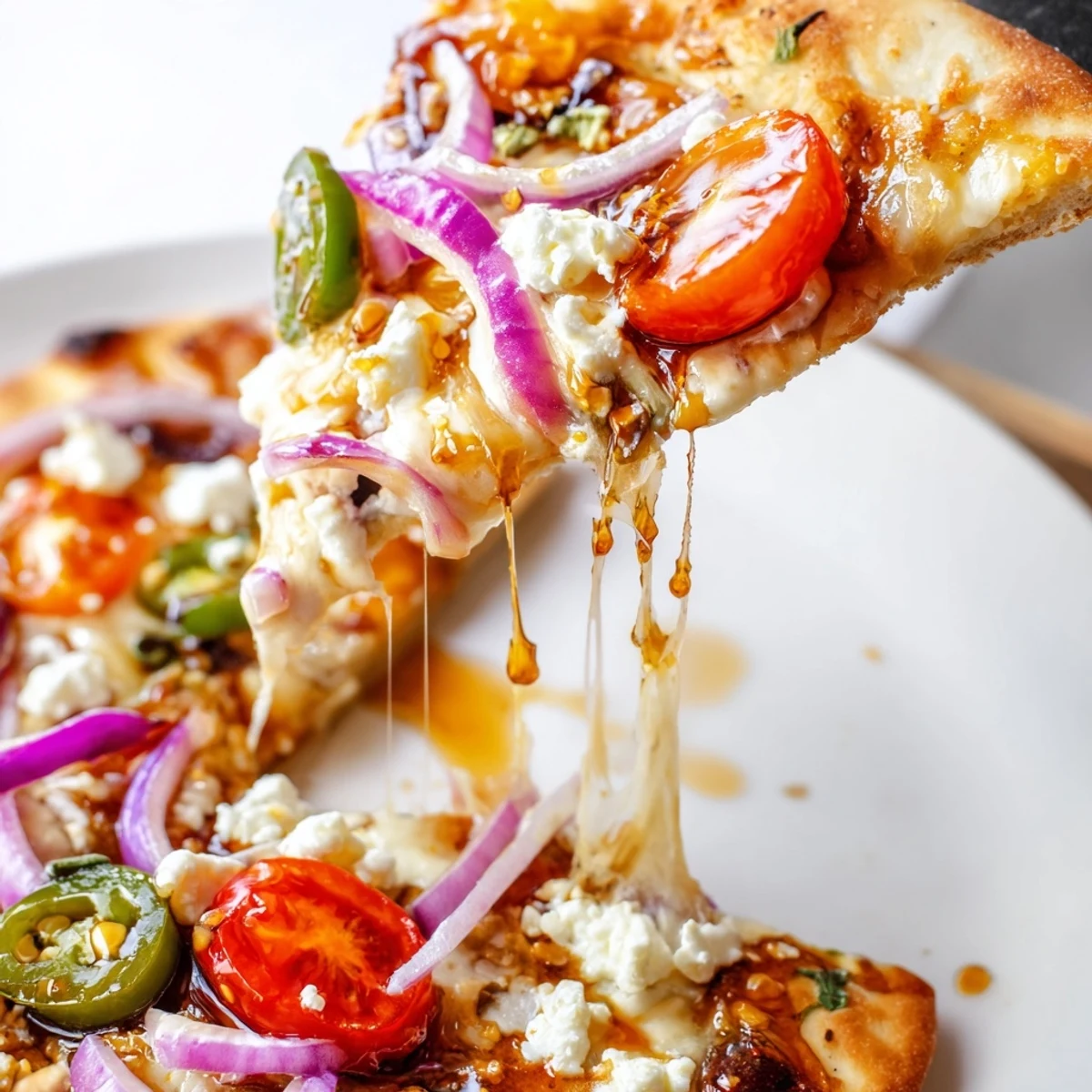 Ready to serve Sweet Heat Honey Garlic Flatbread Pizza on a white plate, garnished with cilantro and red pepper flakes for a spicy kick.