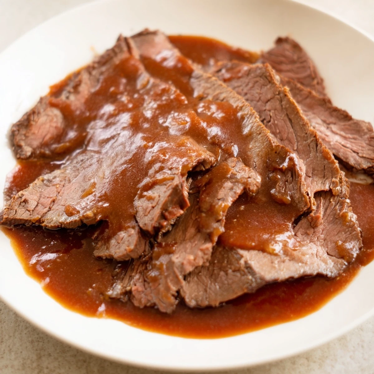 Steaming slices of Ultimate Slow Cooker Mongolian Beef coated in a rich, glossy sauce for serving over rice.