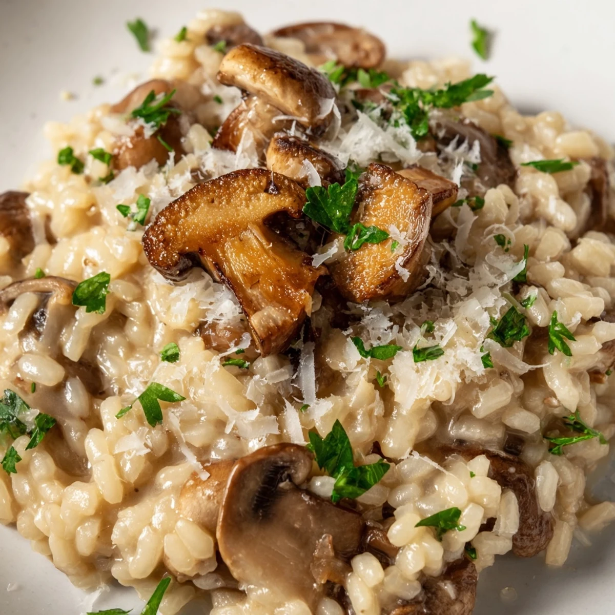 Hearty spoonful of creamy mushroom risotto with chopped parsley and extra Parmesan, served as a comforting Italian main dish.